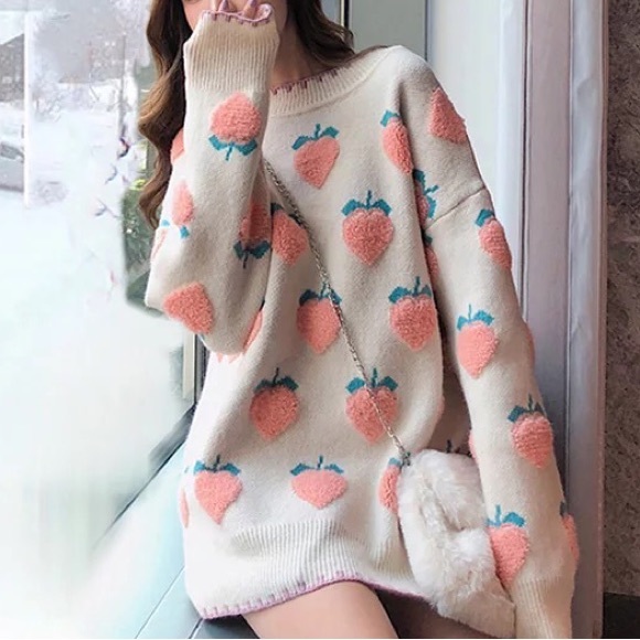 Peach sweater knit fuzzy stripe cream green loose - Picture 7 of 7